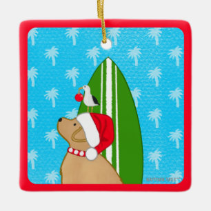 Santa Gelbe Labrador Surfboard Hunde Weihnachtssch Keramikornament