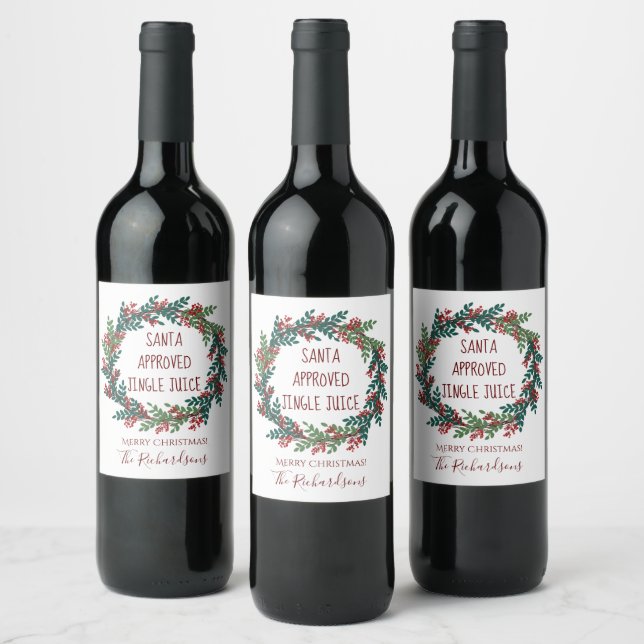 Santa genehmigte Jingle Juice Weihnachtskranz Weinetikett (Flaschen)