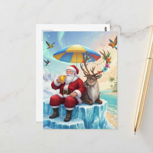 Santa genießt ein Bier auf dem Iceberg Postkarte (Vorderseite/Rückseite Beispiel)