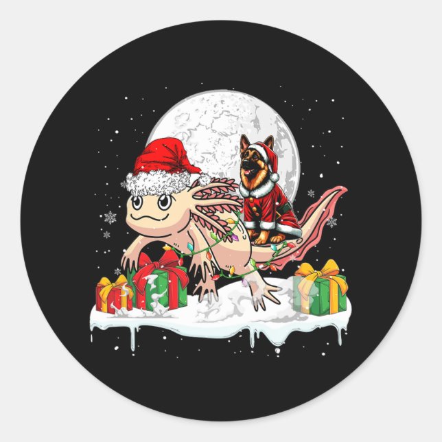 Santa German Shepherd Riding Axolotl Weihnachtssta Runder Aufkleber (Vorderseite)