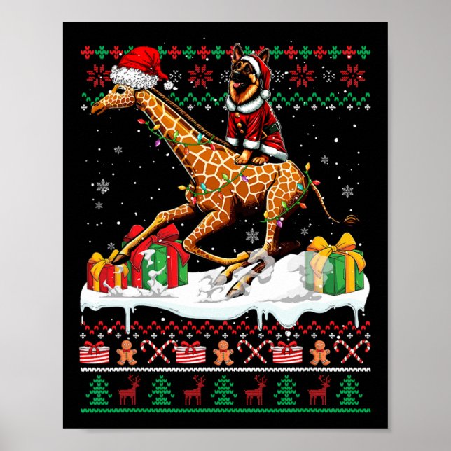 Santa German Shepherd Riding Giraffe Weihnachtssch Poster (Vorne)