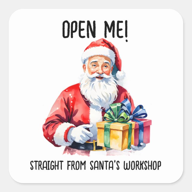 Santa-Geschenk-Anhänger-Aufkleber – ‘Öffne mich! D Quadratischer Aufkleber (Vorderseite)