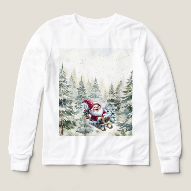 Santa Gnom Sledding Durch Den Wald LS T-Shirt (Design Vorderseite)