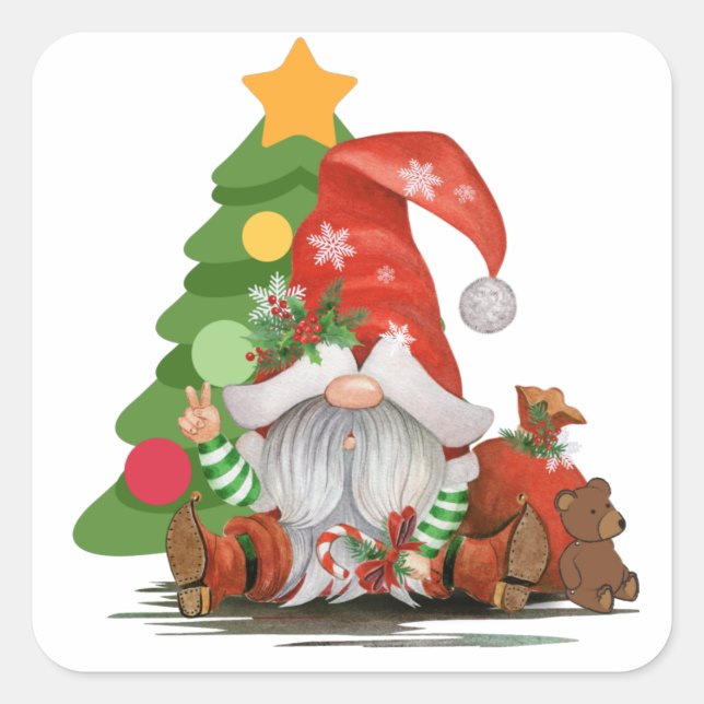 Santa Gnome - Funny Christmas Gnome Design Magnet Quadratischer Aufkleber (Vorderseite)