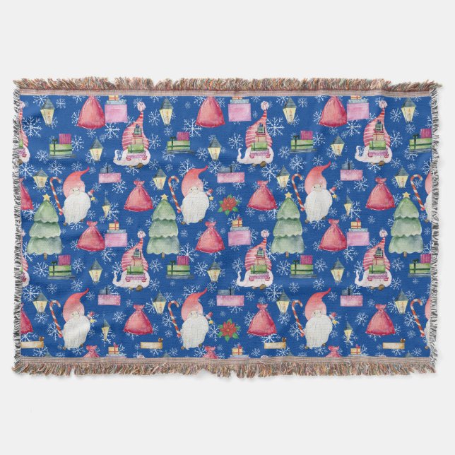 Santa Gnome für Ferien Muster Blue Background Decke (Vorderseite)