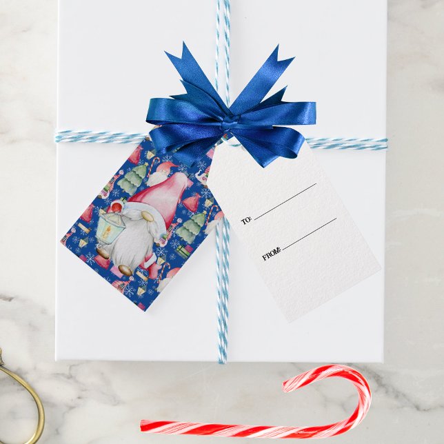 Santa Gnome für Ferien Pattern Blauer Weihnachten Geschenkanhänger (Santa Gnome for Holidays Pattern Blue Christmas Gift Tags)