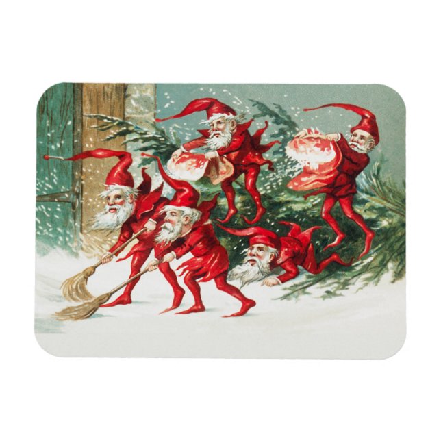 Santa gnomes sweeping snow magnet (Horizontal)