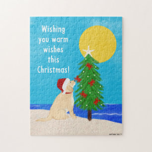 Santa Golden Dog Weihnachtsbaum am Strand Puzzle