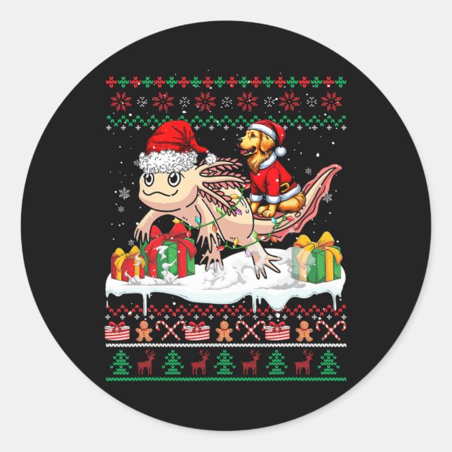 Santa Golden Retriever Riving Axolotl Runder Aufkleber (Vorderseite)