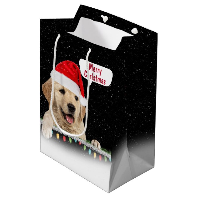 Santa Golden Retriever, Schneeflocken Mittelgesche Mittlere Geschenktüte (Vorderseite Schrägansicht)