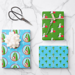 Santa Golden Surfboard Hund Möwe Geschenkverpackun Geschenkpapier Set