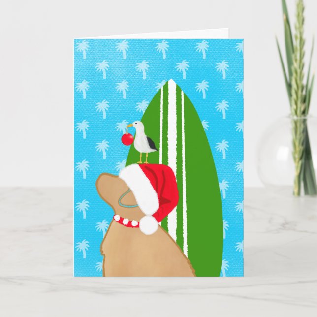 Santa Golden Surfboard Hund Seagull Weihnachtskart Dankeskarte (Vorderseite)
