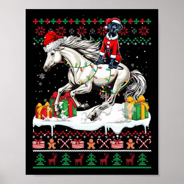 Santa Great Dane Reitpferd Weihnachtskalender Lo Poster (Vorne)