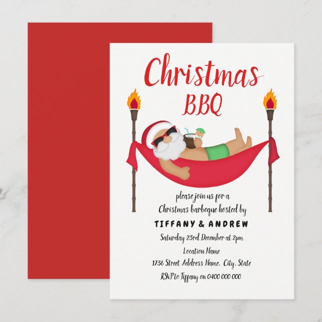Santa Hammock Summer Christmas Barbeque GRILLEN Ei Einladung (Vorne/Hinten)