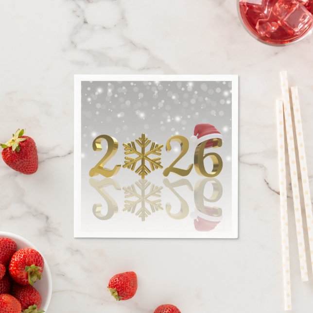 Santa Hat and Snowflake | Happy New Year Gold 2026 Serviette (Beispiel)