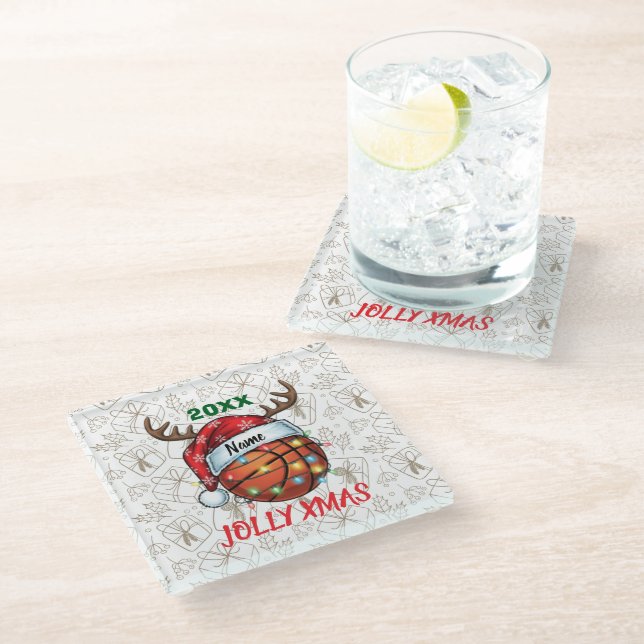  Santa Hat Basketball Reindeer Christmas Fun Sport Glasuntersetzer (Schrägansicht)
