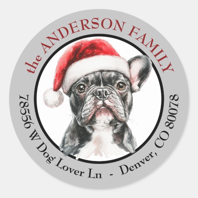 Santa Hat French Bulldog Return Address Runder Aufkleber (Vorderseite)