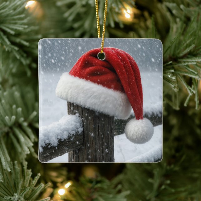 Santa Hat On a Snowy Fence Post Keramikornament (Baum)