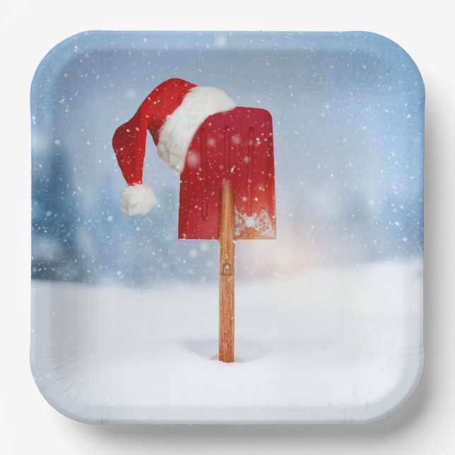 Santa Hat On Red Snow Shovel  Pappteller (Vorderseite)