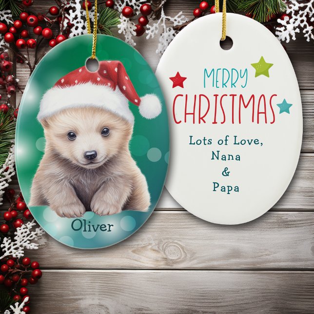 Santa Hat Polar Bear Cub Kids Ceramic Ornament (Von Creator hochgeladen)