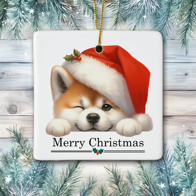 Santa Hat Winking Akita Puppy Merry Christmas Keramikornament (Von Creator hochgeladen)