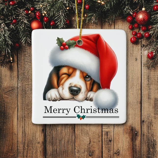 Santa Hat Winking Basset Hound Puppy Christmas Keramikornament (Von Creator hochgeladen)