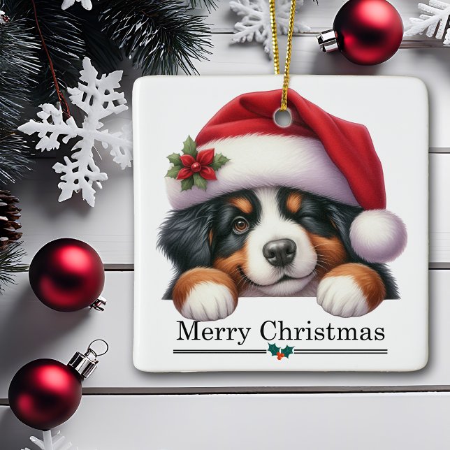 Santa Hat Winking Bernese Mountain Puppy Christmas Keramikornament (Von Creator hochgeladen)