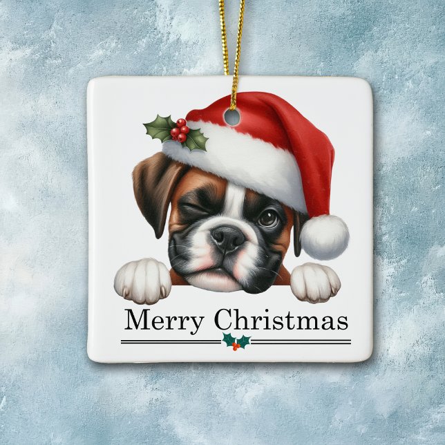 Santa Hat Winking Boxer Dog Puppy Christmas Keramikornament (Von Creator hochgeladen)