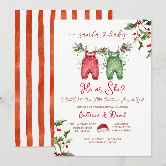 Santa He or She Christmas Gender Reveal Invitation Einladung (Vorne/Hinten)