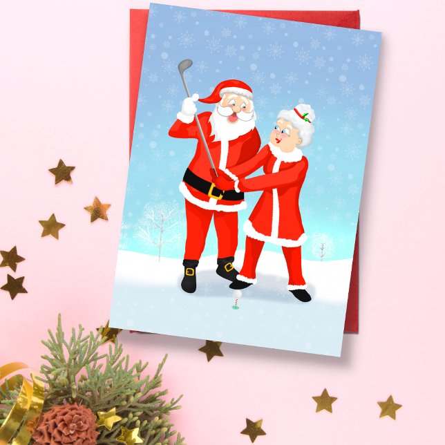 Santa Helping Mrs. Claus mit ihrem Golfschwung Karte (A sweet Christmas card for a married golfing couple. )