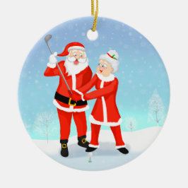 Santa Helping Mrs. Claus mit ihrem Golfschwung Keramik Ornament