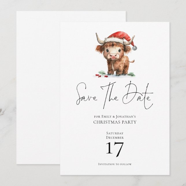 Santa Highland Cow Weihnachten Save the Date Einladung (Vorne/Hinten)