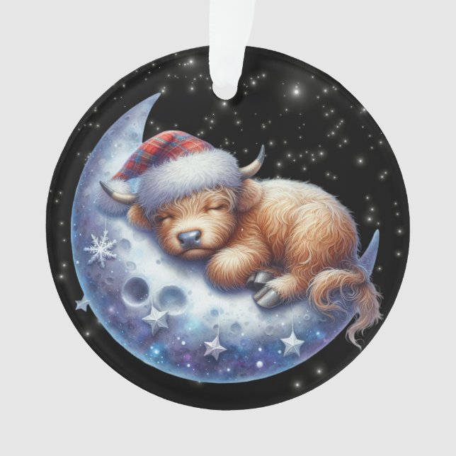 Santa Highland Kuh Schlafen auf dem Mond Ornament (Vorderseite)