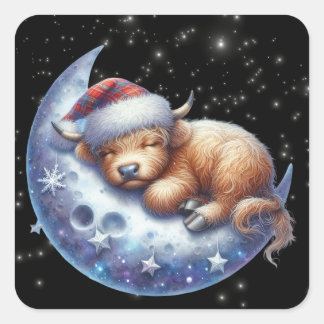 Santa Highland Kuh Schlafen auf dem Mond Quadratischer Aufkleber