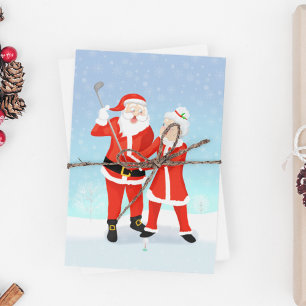 Santa hilft Mrs. Claus beim Golfschwung Feiertagspostkarte