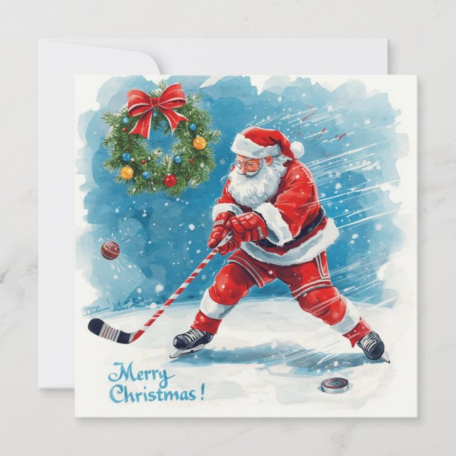 Santa Hockey Christmas Card  Feiertagskarte (Vorderseite)