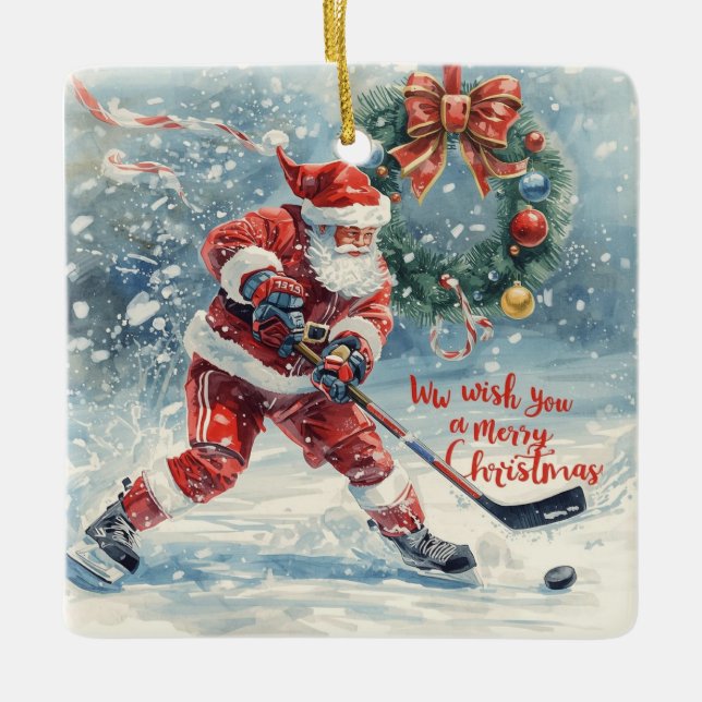 Santa Hockey Christmas Card  Keramikornament (Vorderseite)
