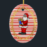 Santa Holding Menorah Chrismukkah Ornament<br><div class="desc">Das ist ein traditioneller Weihnachtsgeschmack mit kantigen Streifen und Rot. Auf der Vorderseite steht der Santa mit einer Menorah. Die Rückseite kann personalisiert sein,  wie Sie wollen. Designed by Sheila Cicchi,  Brownielocks.com. Alle Rechte vorbehalten.</div>