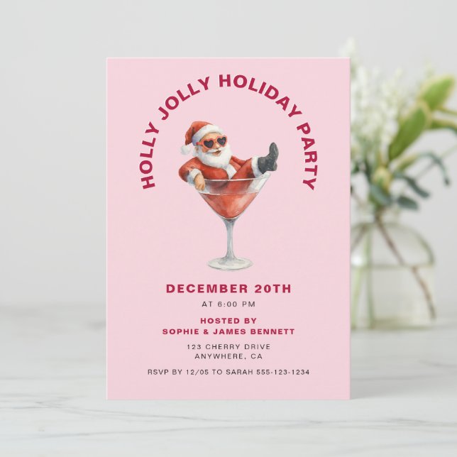 Santa Holly Jolly Christmas Party Pink & Red Einladung (Stehend Vorderseite)