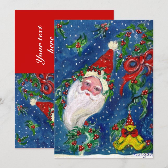 SANTA, HOLLYBERRY CROWNS, CHRISTMAS PARTY Red Blue Einladung (Vorne/Hinten)