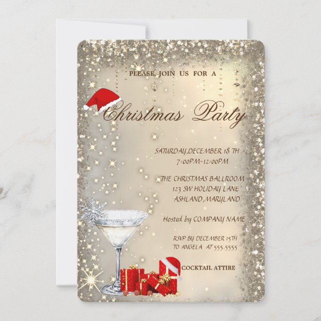 Santa-Hut auf Cocktailglas zur Weihnachtsfeier Einladung (Vorderseite)
