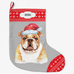 Santa-Hut-Bulldog-Schneeflocken-Rand Großer Weihnachtsstrumpf