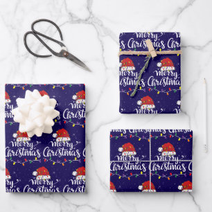 Santa Hut Merry Christmas Lichter Weihnachten Fami Geschenkpapier Set