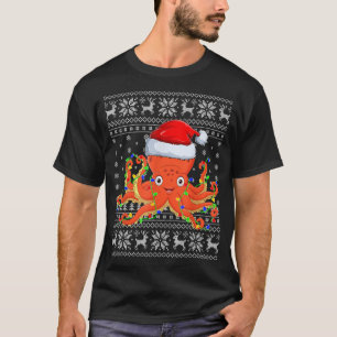 Santa-Hut-Oktopus-Weihnachtsbeleuchtung-Hässlicher T-Shirt