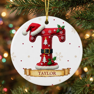 Santa Hut Rot Weihnachten Buchstabe T Name Keramik Ornament