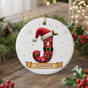 Santa Hut rote Weihnachtsbuchstabe J Name Keramik Ornament