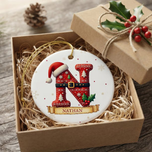 Santa Hut rote Weihnachtsbuchstabe N Name Keramik Ornament