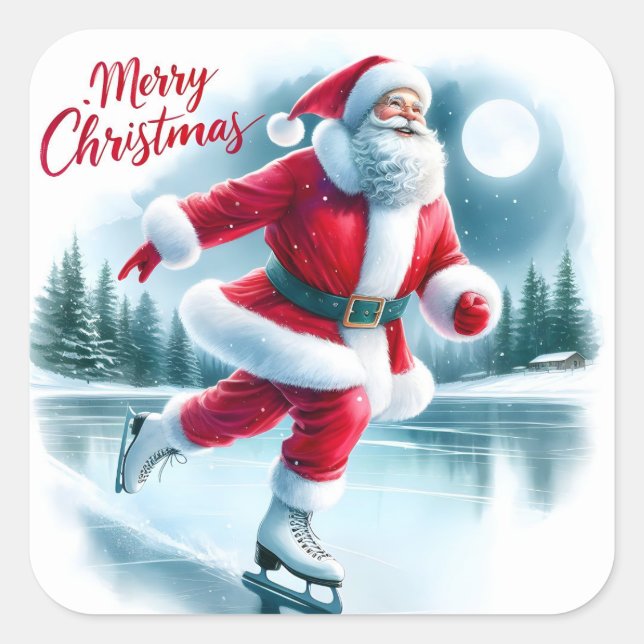 Santa Ice Skate im Winter Wunderland Quadratischer Aufkleber (Vorderseite)
