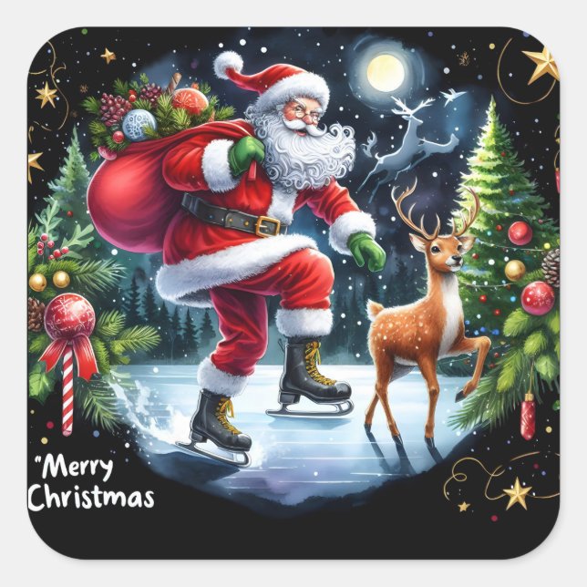 Santa Ice Skate mit Rentier nachts Quadratischer Aufkleber (Vorderseite)
