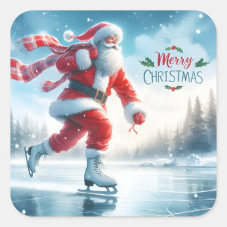 Santa Ice Skaten im Winter Bliss Quadratischer Aufkleber